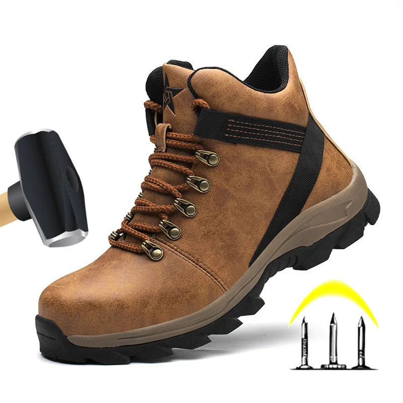 Men Leather Work Safety Shoes Working Sneakers Male Indestructible Work Shoes Men Boots Lightweight Men Shoes Safety Boots Brown