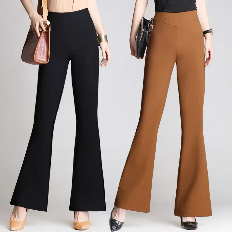 

Autumn Winter Office Lady Fashion Long Flare Pants Solid High Waist Elastic Band Slim Professional Woman Wide Leg Trousers B11