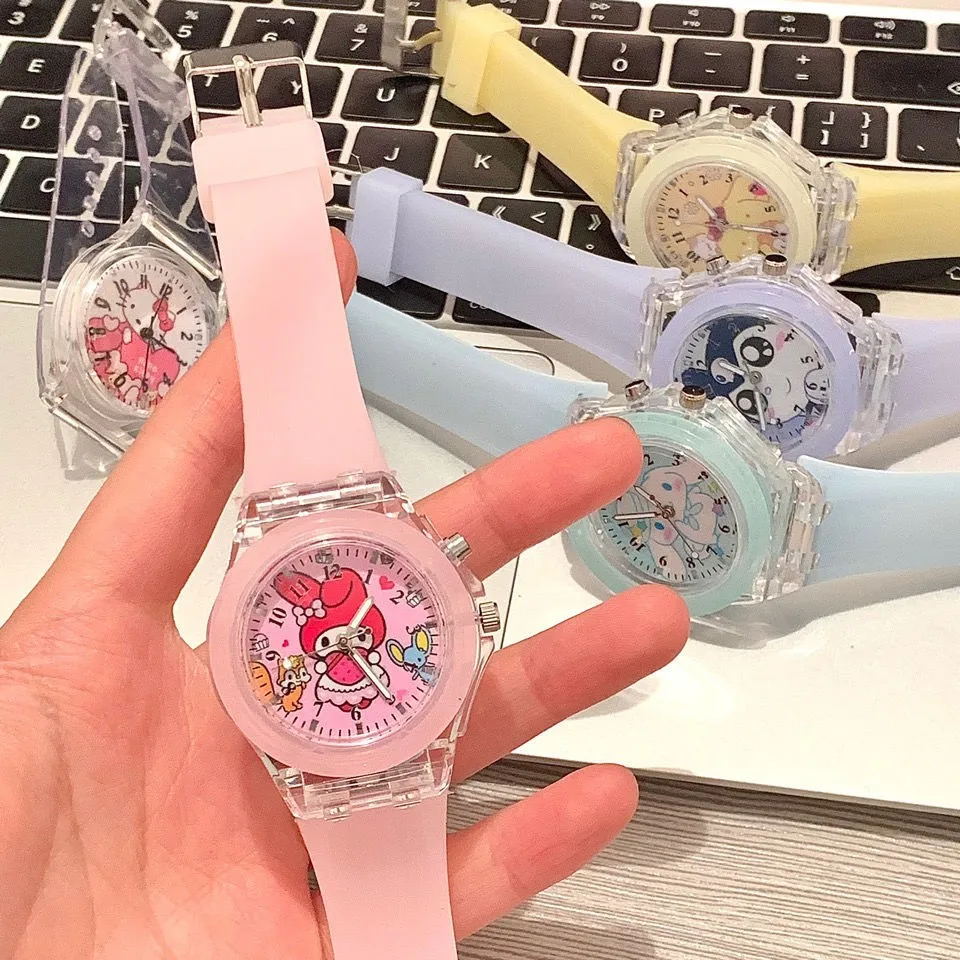 Sanrio Hello Kitty Watch Cartoon My Melody Kuromi Colorful Luminous Student Quartz Pointer Digital Watches Kids Holiday Gifts