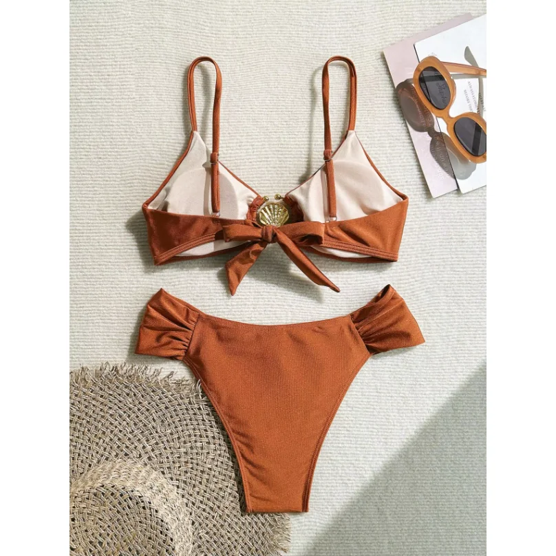Sexy Pleate High Waist Bikini Set 2026 Women Orange Metal Buckle Push Up Two Piece Swimsuit Beach Bathing Suit Holiday Swimwear