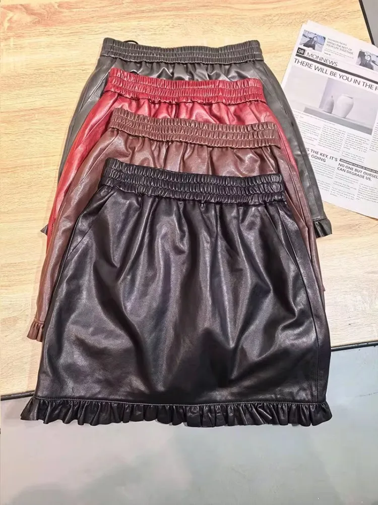 Sweet Women Slim Fit A Line Ruffles Wrap Skirt Elastic Waist Soft Sheepskin Genuine Leather Skirt Casual Streetwear Autumn Skirt
