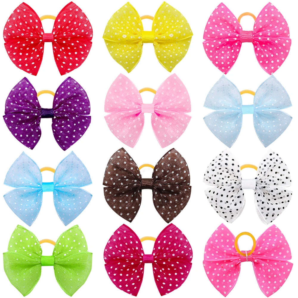 12PCS Lace Dogs Hair Bows With Dotted Dog Hair Rubber Bands Colorful Grooming Dog Hair Bowknot For Puppy Pet Products Pet Items