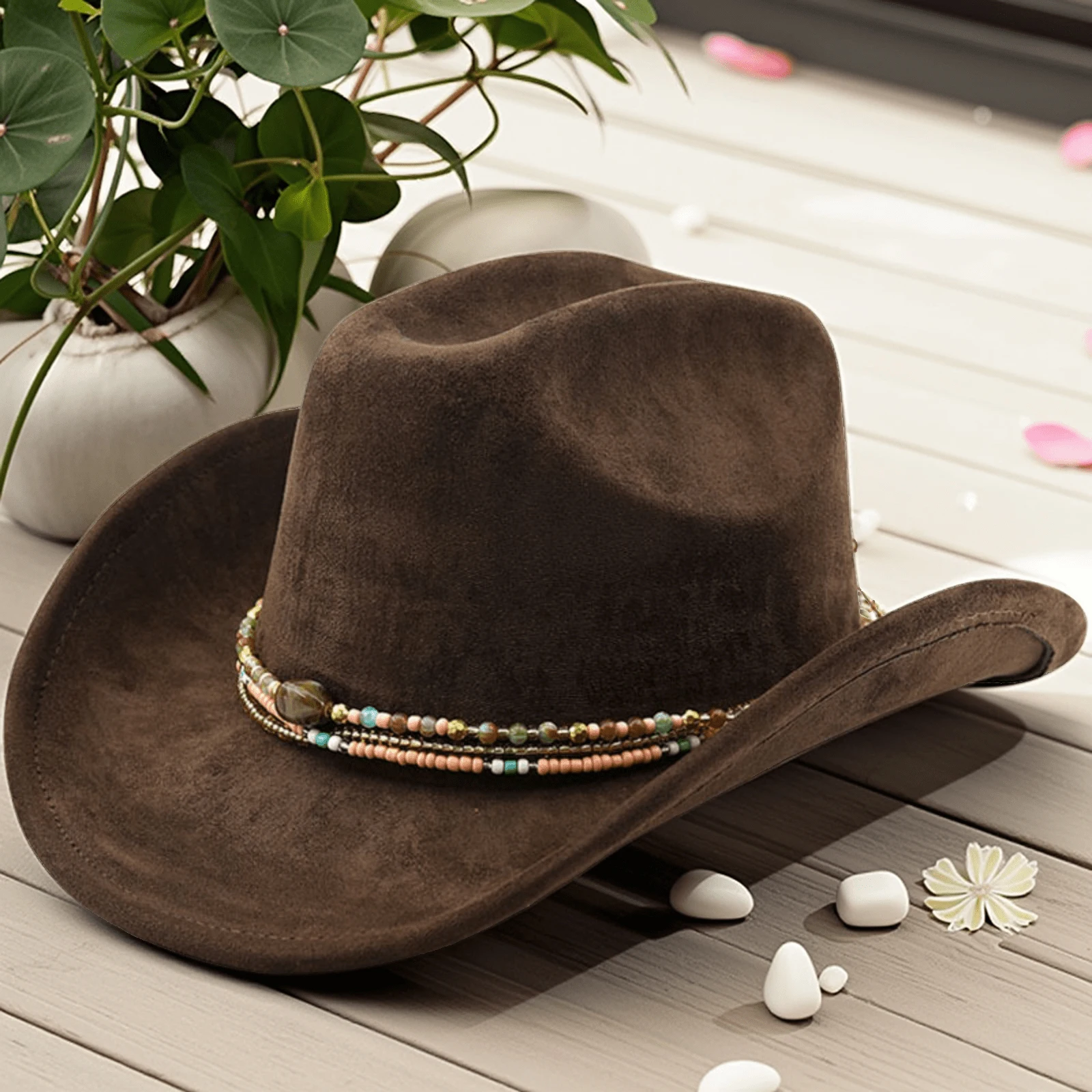 Felt Cowgirl Hat Stylish Beaded Strap Western Hat Wide Brim Jazz Cap for Daily Life Party