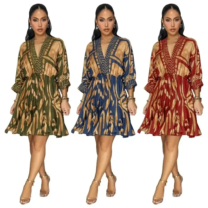 Gaun Afrika untuk Wanita Fashion Dashiki Lipit 2025 Musim Panas Musim Gugur Jubah Kerah V Lengan Panjang Gaun Midi Pesta Afrika Elegan