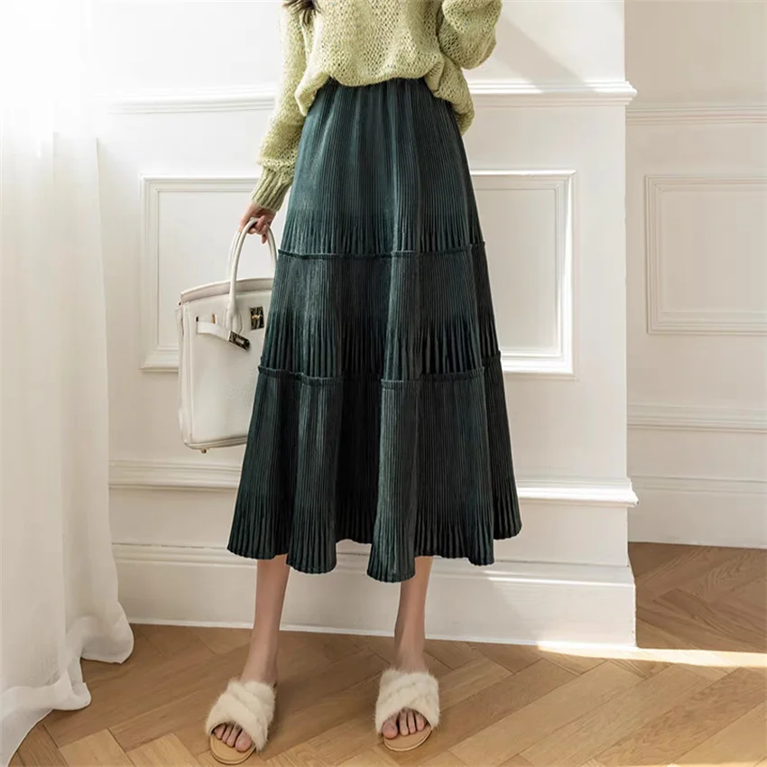 Gowyimme New Autumn Winter Fashion Women High Waist Gold Velvet Skirt Girl Midi-long A-line Pleated Skirt Bottomings Retro 1742