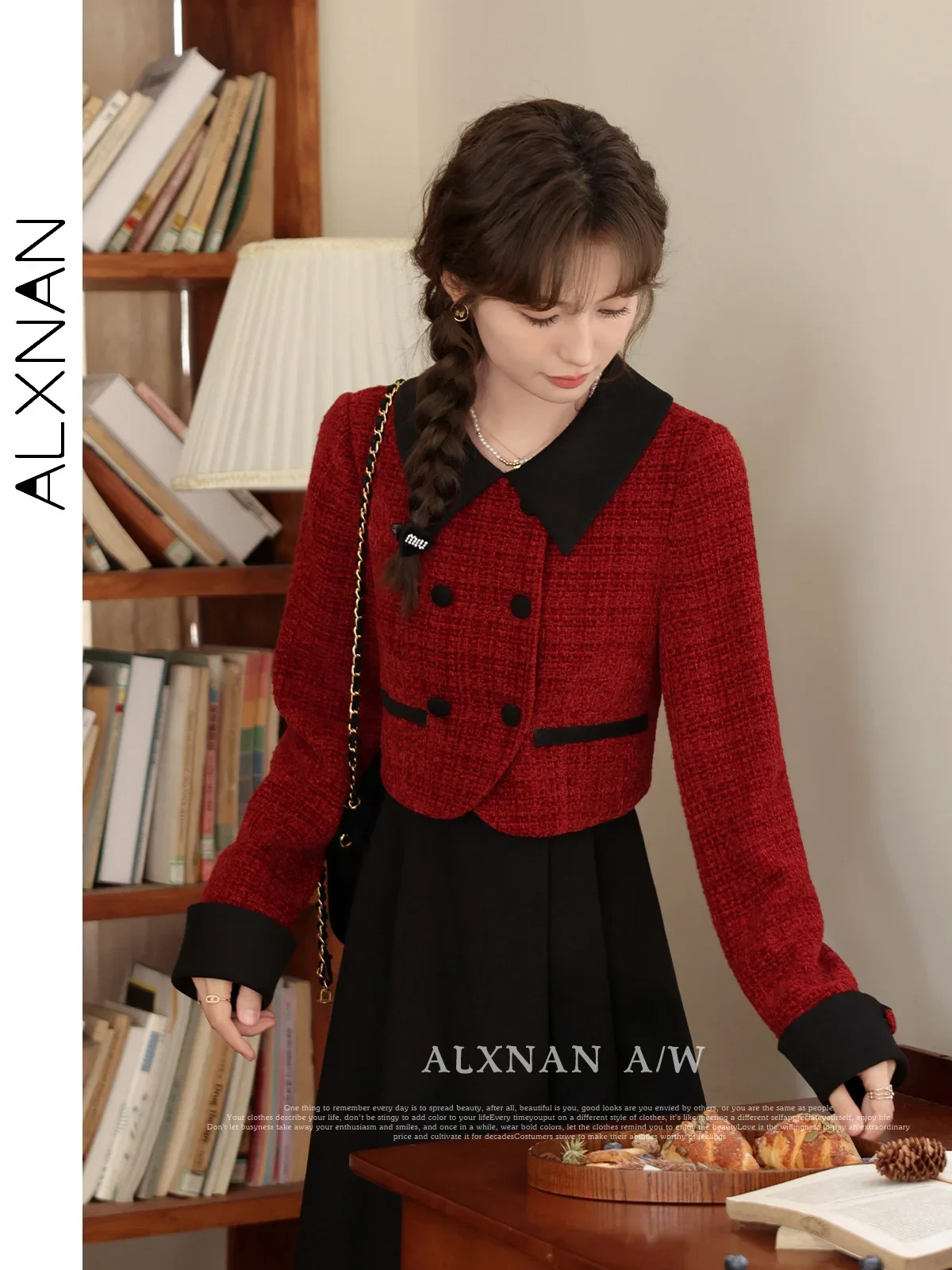 ALXNAN Fake Two Piece Dresses for Women Elegant Tweed A-line Patchwork Lapel Collar Long Sleeve Dress 2024 Fall Winter LXN329109