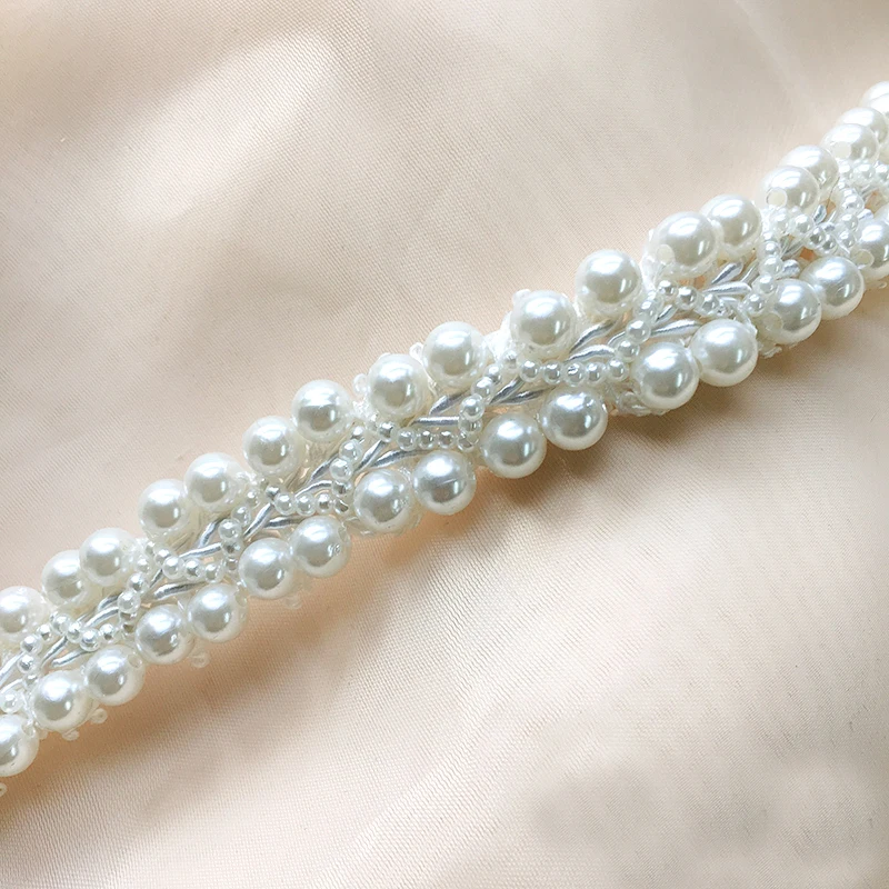 2cm Wide DIY Hand-stitched Pearl Beaded Lace Trim Braid Lace Ribbon Wedding Dress Skirts Collar Neckline DIY Sewing Appliques