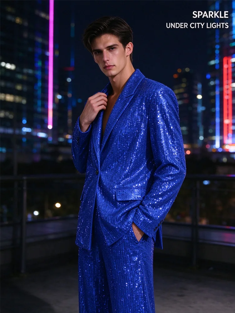 Men's Sequin Suit 2 Piece Sparkly Notched Lapel Blazer Wide Leg Pants Set Wedding Prom Stage Performance Nightclub Tuxedo Outfit
