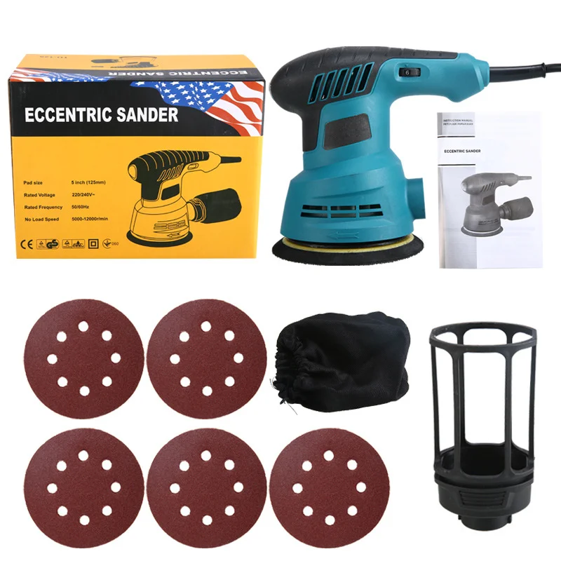 300W Random Orbital Electric Sander Machine with 125mm Sandpapers120V/240V Strong Dust Collection Speed Adjustable Polisher