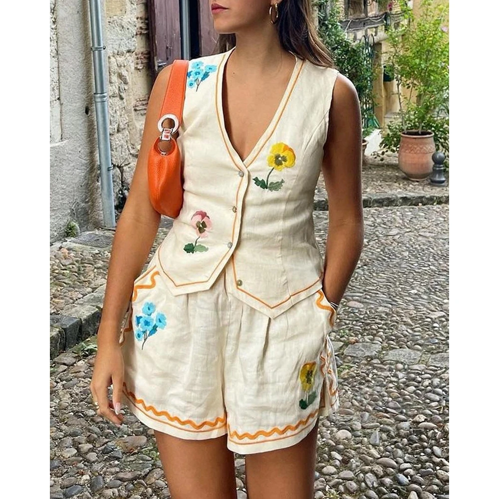 Casual Women Floral Print New in Two-Pieces Sets Outfits Summer Sleeveless V-neck Vest Top & Shorts Set Vacation Casual Suits