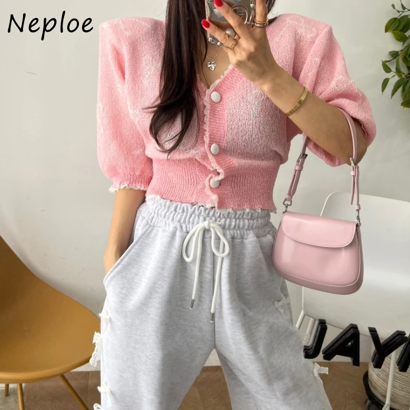 Neploe 2024 Spring New Slim Fit Knitted Cardigan Sweet V-neck Bow Print Single Breasted Sweaters Y2k Short Sleeve Tops Women