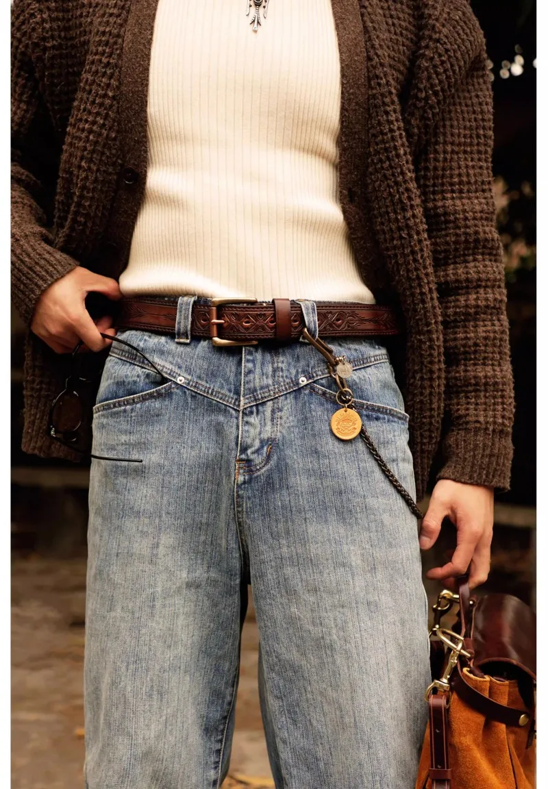 Herren-Jeansgürtel aus echtem Leder, lässig für jeden Tag, handgefertigt, 1,37 Zoll, geschnitzter amerikanischer Mode-Retro-Ledergürtel mit Geschenkbox – Detail 6