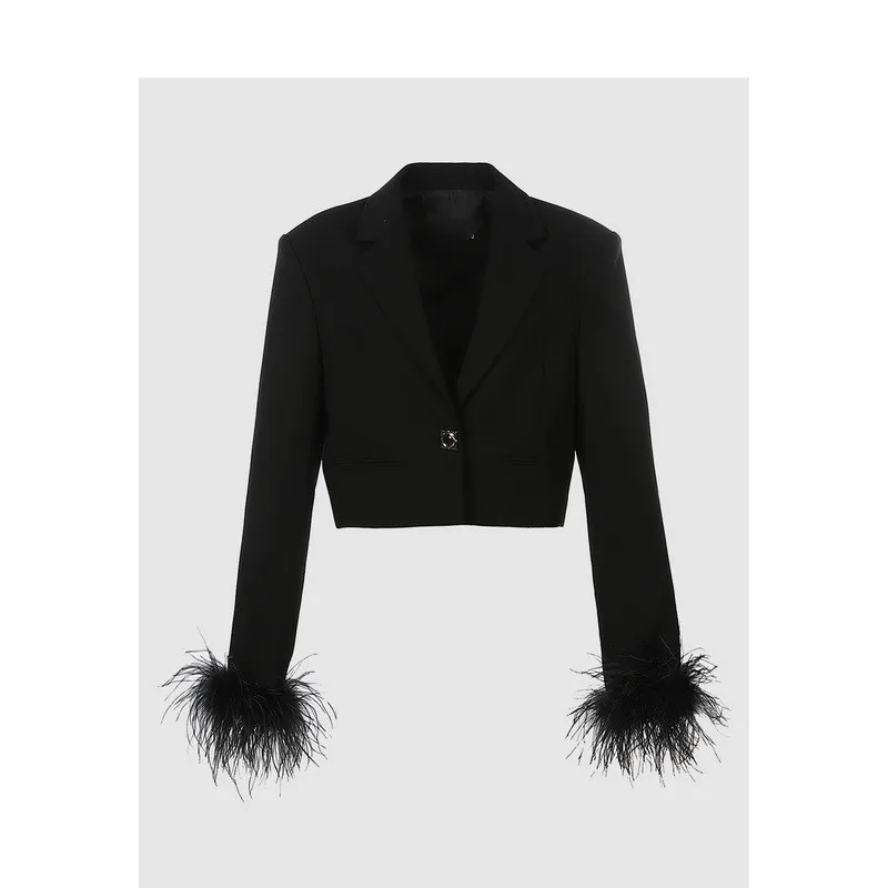 2024 Spring Autumn New Exquisite Rhinestone Feather Short Chic Suit Jacket Women\'s Black Slim Fit Small Suit Blazer Office Lady