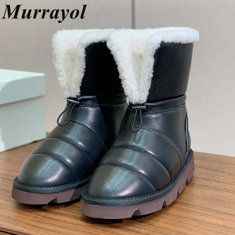 

Round Toe Wool Llining String Bead Decor Short Botas Women Genuine Leather Non-slip Snow Boots Winter Warmth Mid-Calf Boots