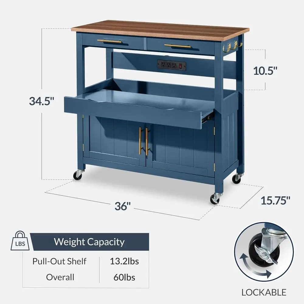36in Large Rolling Kitchen Island Cart, 2-Door Cabinet, 2 Ders, Pull-Out Shel, Power Outlet, Hooks, & Swivel Lockable Wheels - B