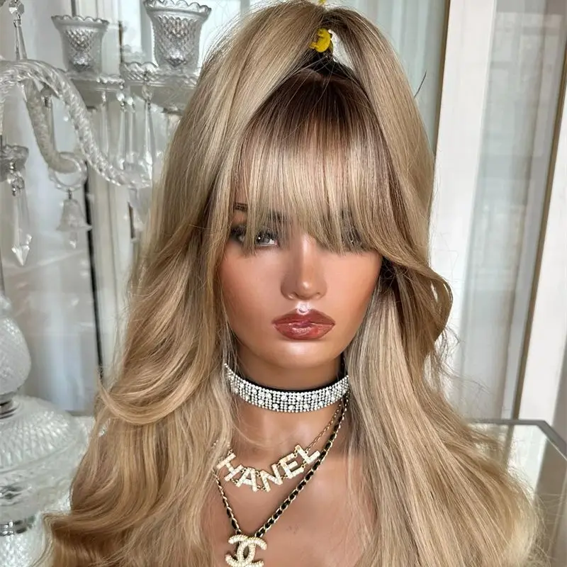 

Лидер продаж Ombre Пепельно-русый мелирование HD Невидимый синтетический парик фронта шнурка с челкой Парик высокой плотности для женщин Термостойкий