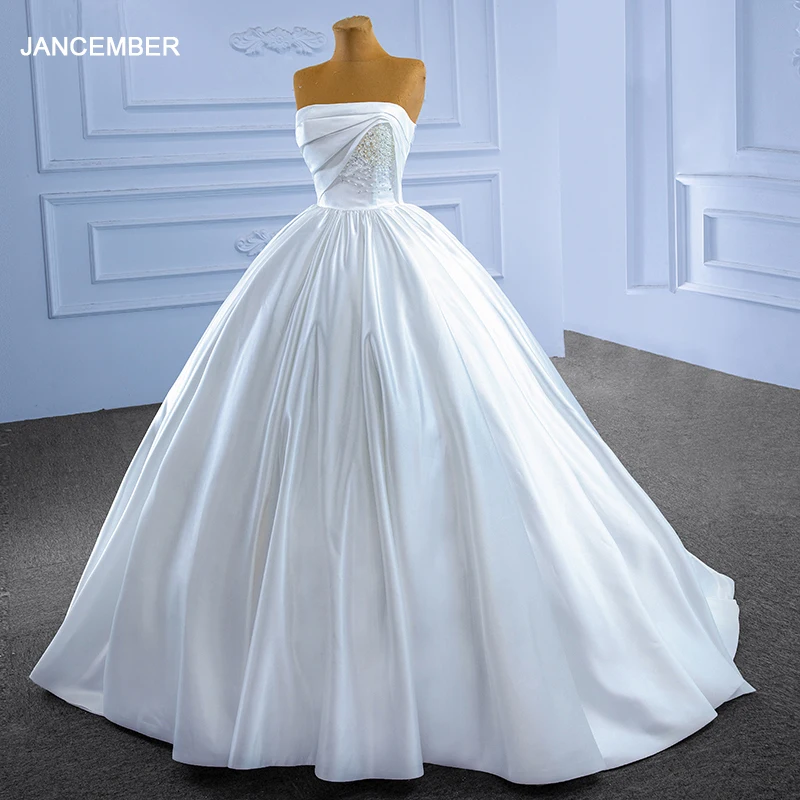 

Simple Satin Wedding Dress Strapless Customized Lace Up Back Crystal Top Court Train Wedding Woman Dress vestidos de novia