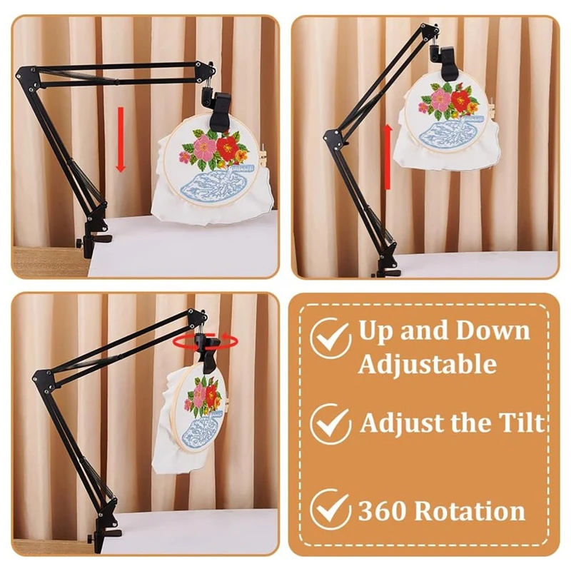 Black Embroidery Table Stand Kit 8-12Mm Hole Hand Embroidery Stand Knee Folding Stand For Embroidery Hoop