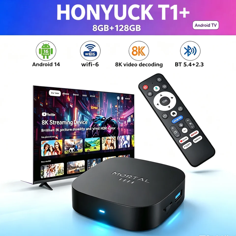 Mini Smart TV T1+ Box Original Android 14.0 3518 Quad Core 8GB/128GB 4G WiFi 8K UHD HDR 10 H265 Multimedia-Player