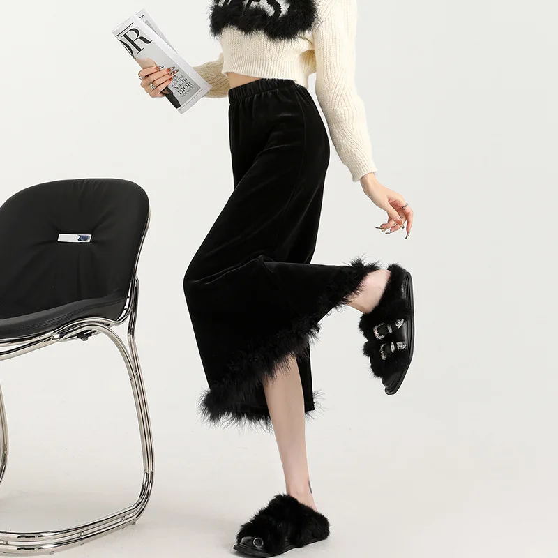 2025 Spring New Women Elegant Fashion Solid Skirt Fur Edge A-line Long Skirts Korean Vintage High Waist Velvet Split Skirts