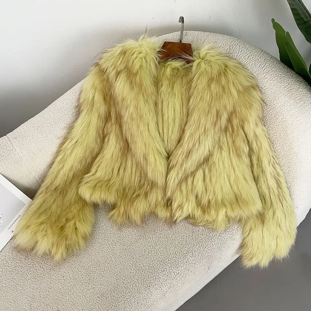 Winter Luxurious Thickened Warm Natural Raccoon Fur Genuine Fur Coat Women's Fashion Lapel Braided Loose Casual Jacket