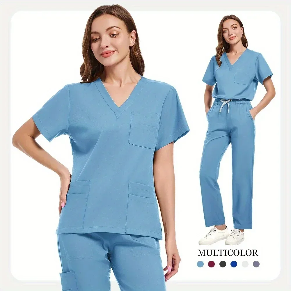 

New Scrubs Set Uniforms Stretch Scrub Tops With Pocket Pants Nurse Uniform Doctor Surgery Overalls Beauty Salon Workwear