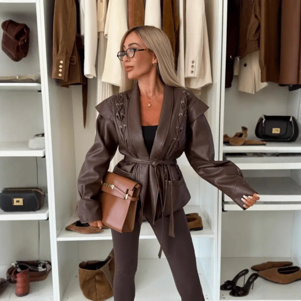 

New autumn and winter European and American fashion temperament lapel collar lace-up long-sleeved jacket leather jacket commuter