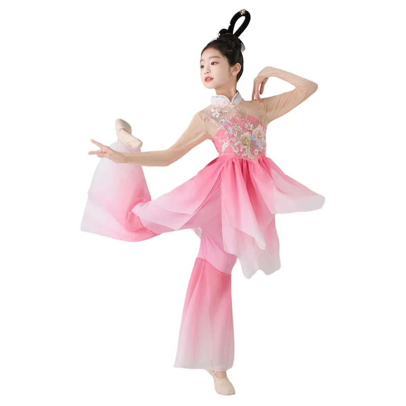 Danza classica per bambini Danza cinese Stile antico Elegante abito da ballo con fiori cadenti Tipo diviso