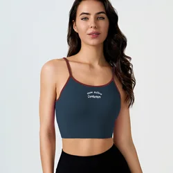 Seamless retro embroidery letter fixed cup sports vest, contrasting color suspender, beautiful back, fitness hot girl bra