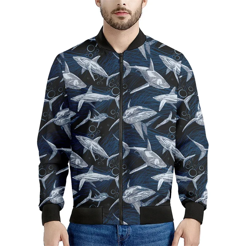 Funny Shark Pattern Jacket For Men Animal 3D Printed Long Sleeves Spring Autumn Oversized Tops Zipper Jackets Coat Streetwear