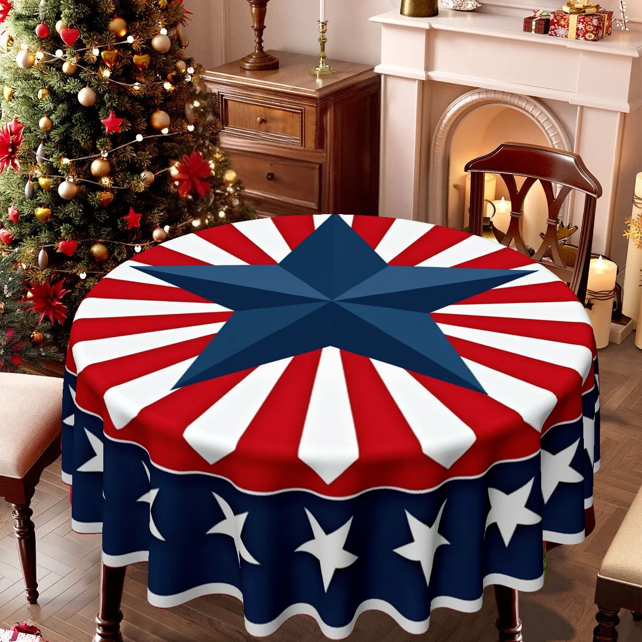 A round tablecloth designed for various occasions such as Christmas, Easter, and patriotic events