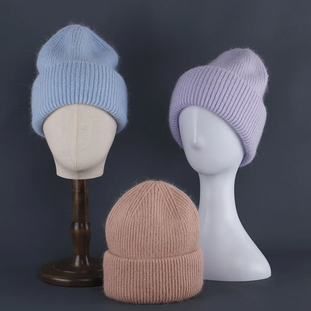 2024 Kaninchen Fell Mützen Weiche Warme Flauschige Winter Hut für Frauen Angora Gestrickte Hut Skullies Beanies Weibliche Motorhaube Frau Stricken Kappe – Detail 13