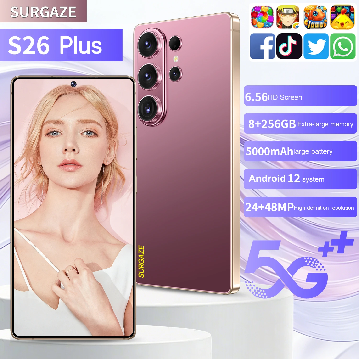 SURGAZE Global Version S26 Plus Smartphone 5G Android 5000mAH 8GB RAM 256GB ROM 6.56Inch 24+48MP 5G Network Mobile Phone