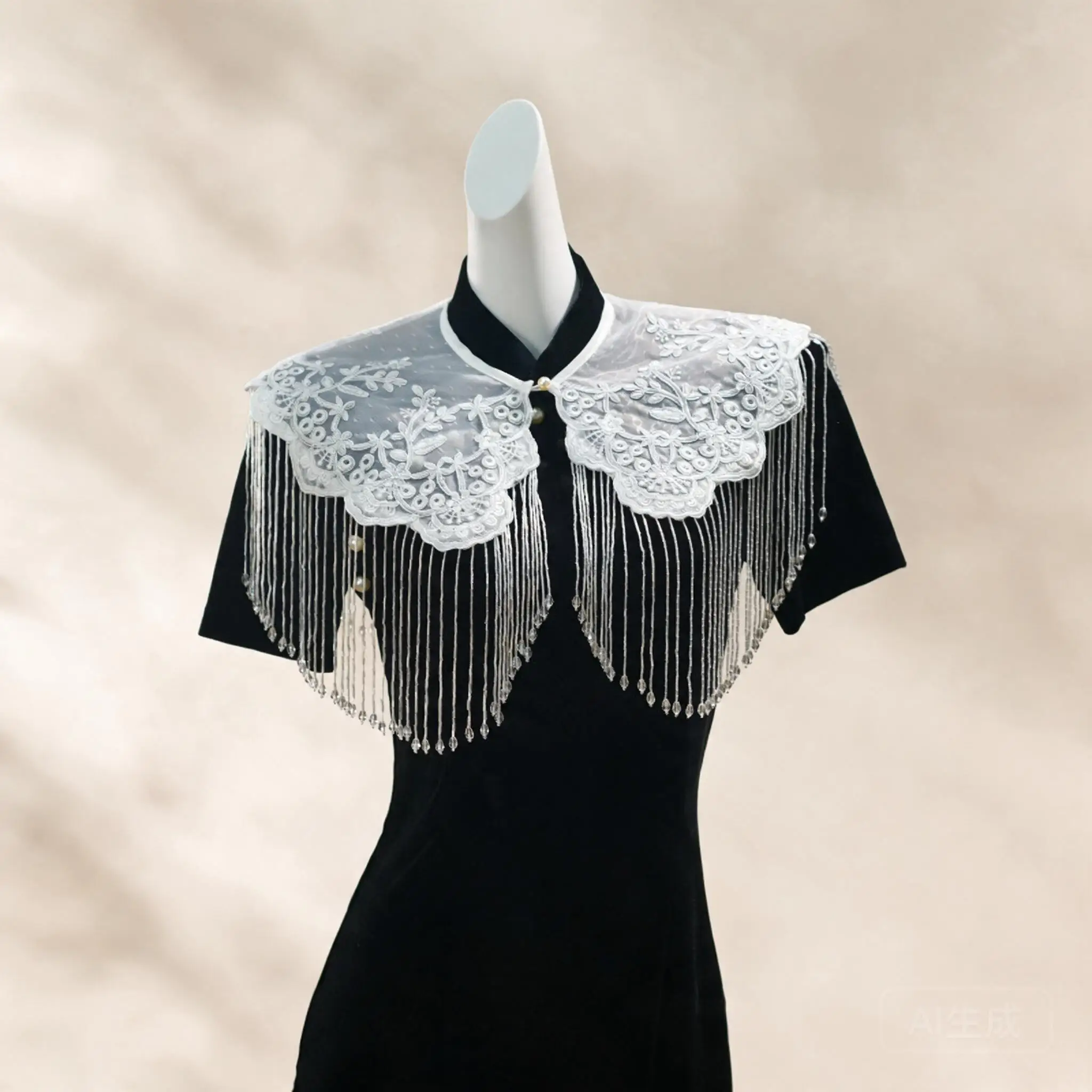 Cloud Collar Shawl New Chinese Style White Embroidered Lace Beaded Tassel For Women Qipao Hanfu Summer Wedding Party Accessory