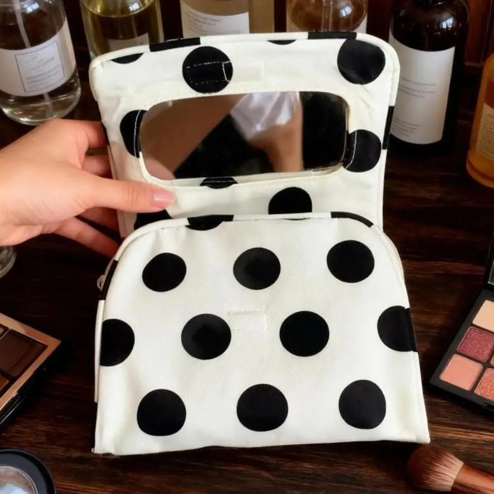Portable Canvas Polka Dot Cosmetic Bag Stripe Large Capacity Small Item Bag with Makeup Mirror Multifunctional
