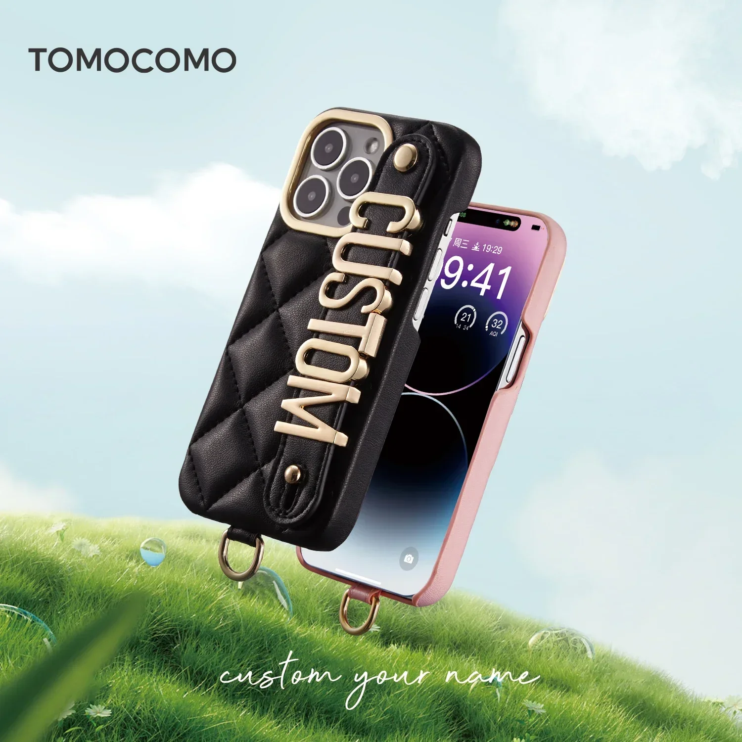 Tomocomo Luxury Rhomb Leather Custom Name Letter Lanyard Phone Case For iPhone12 13 14 15Pro Max Holder Personalized Brand Cover