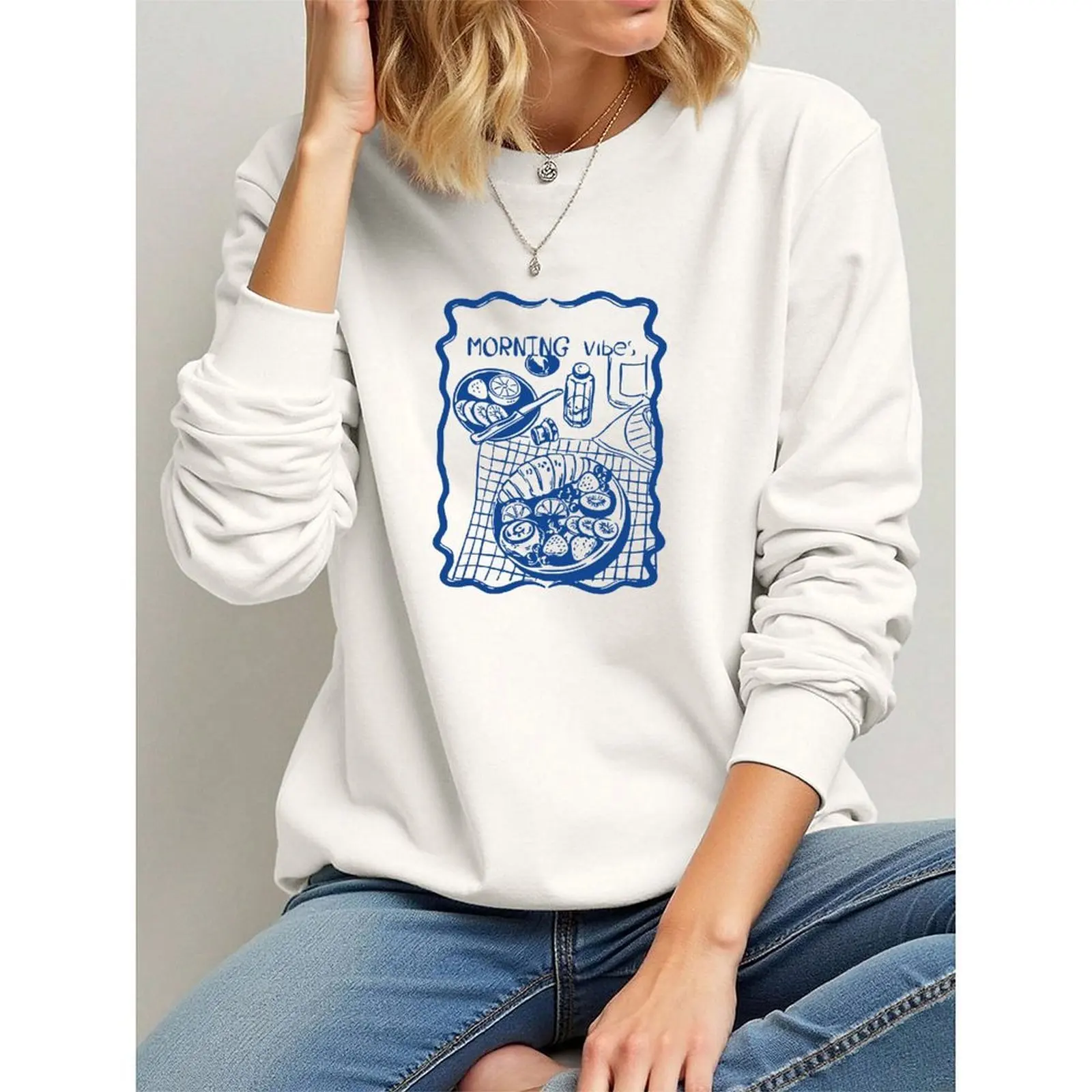 المرأة جولة الرقبة طويلة الأكمام المخملية الشتاء عارضة مثيرة للاهتمام الغذاء طباعة البلوز قمم فضفاضة مريحة