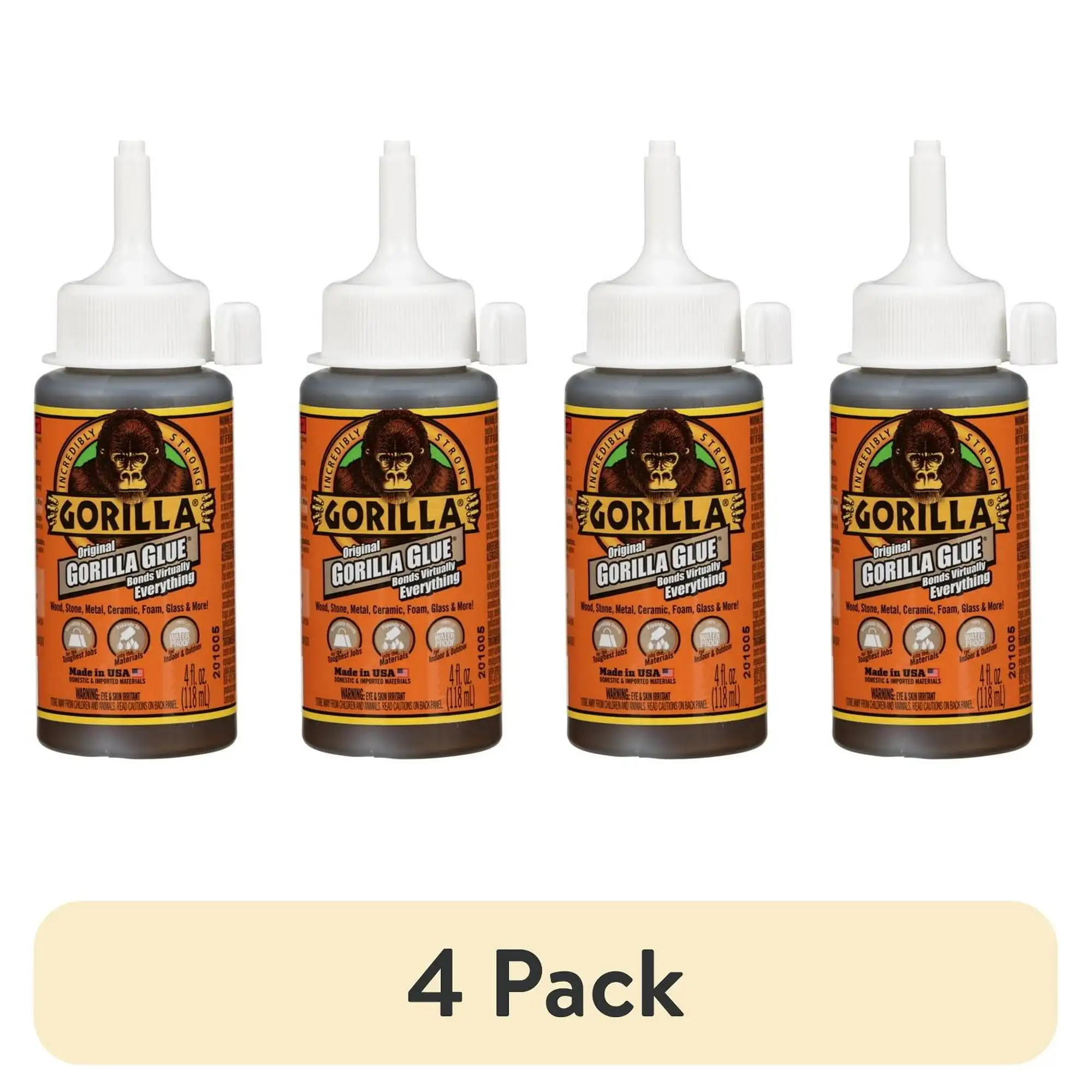 

(4 pack) Gorilla Glue 5000408 4 oz. Original Formula Glue - Dries Light Brown