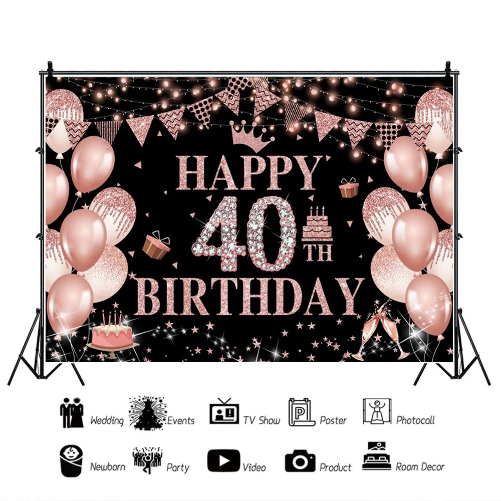Black Golden Happy Birthday Backdrop Pink Banner 30th 40th 50th Birthday Party Backdrop Decor Photo Photography Background Props