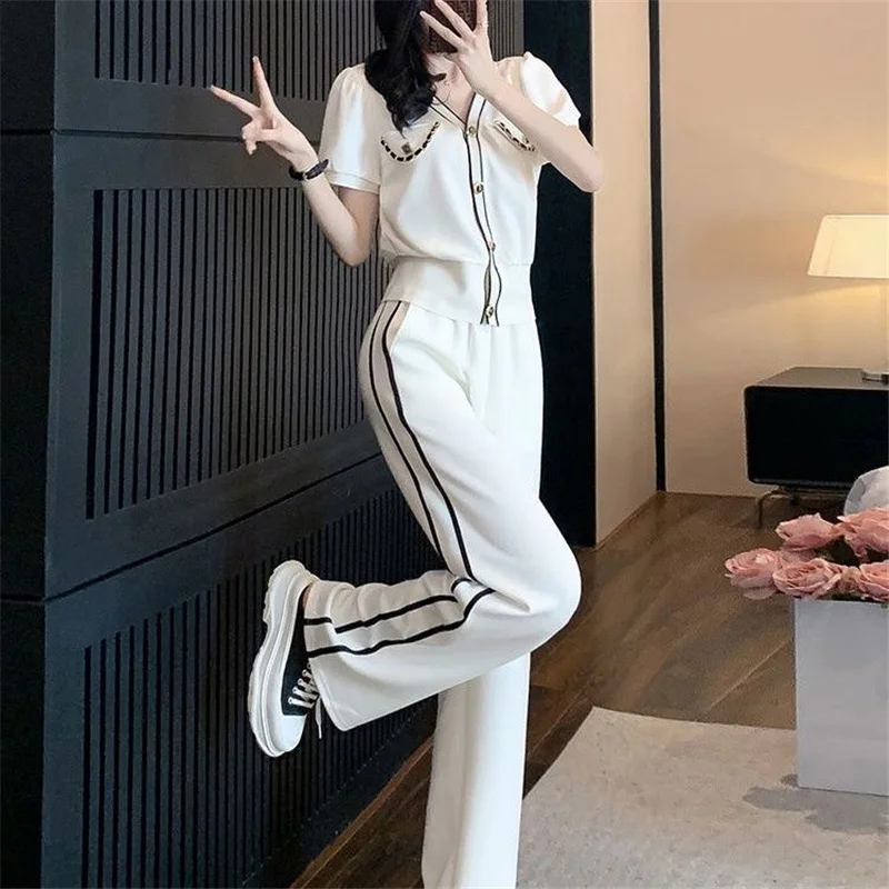 Zestaw dwóch sztuk dla kobiet moda letnia Casual V Neck z krótkim rękawem szykowny biały topy luźne proste spodnie spodnie sportowe stroje