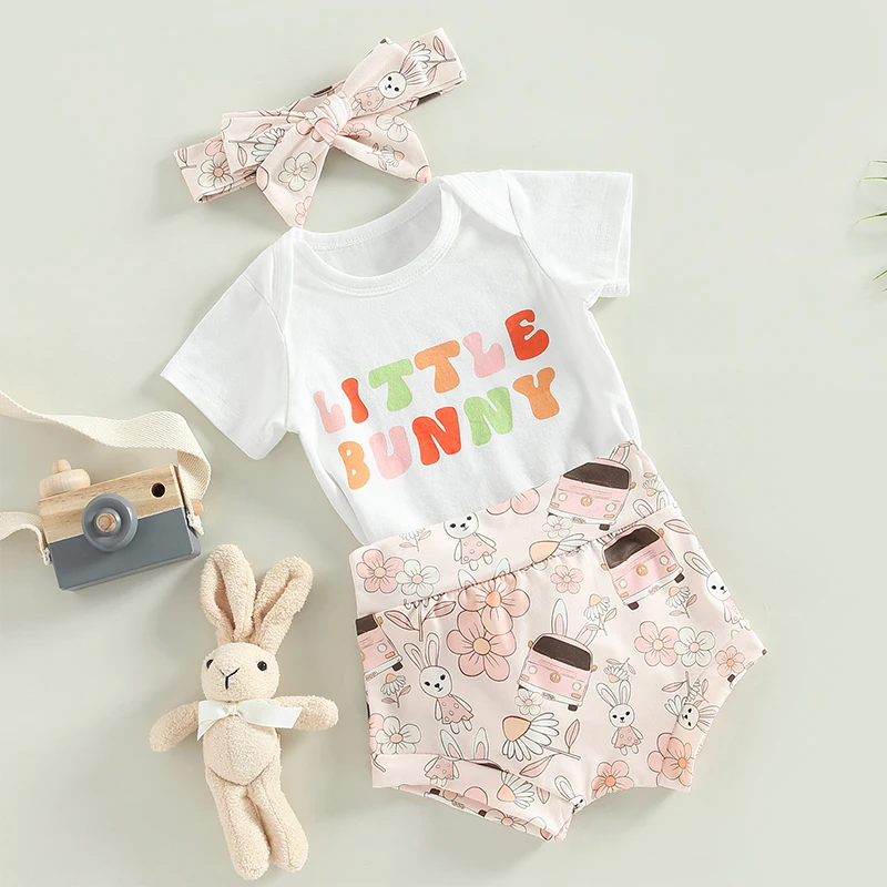 

Adorable Baby Girls 3-Piece Easter Set with Short Sleeve Romper Bunny Tail Shorts and Matching Headband - Perfect for Spring