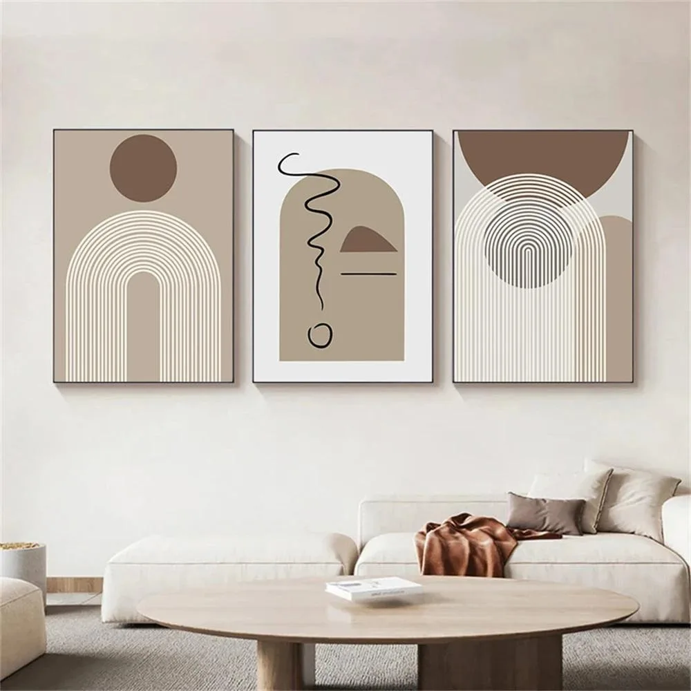 3pcs Frameless Bohemian Modern Abstract Line Poster,Geometric Brown Beige Mural Painting Living Room Bedroom,Wall Home Decor