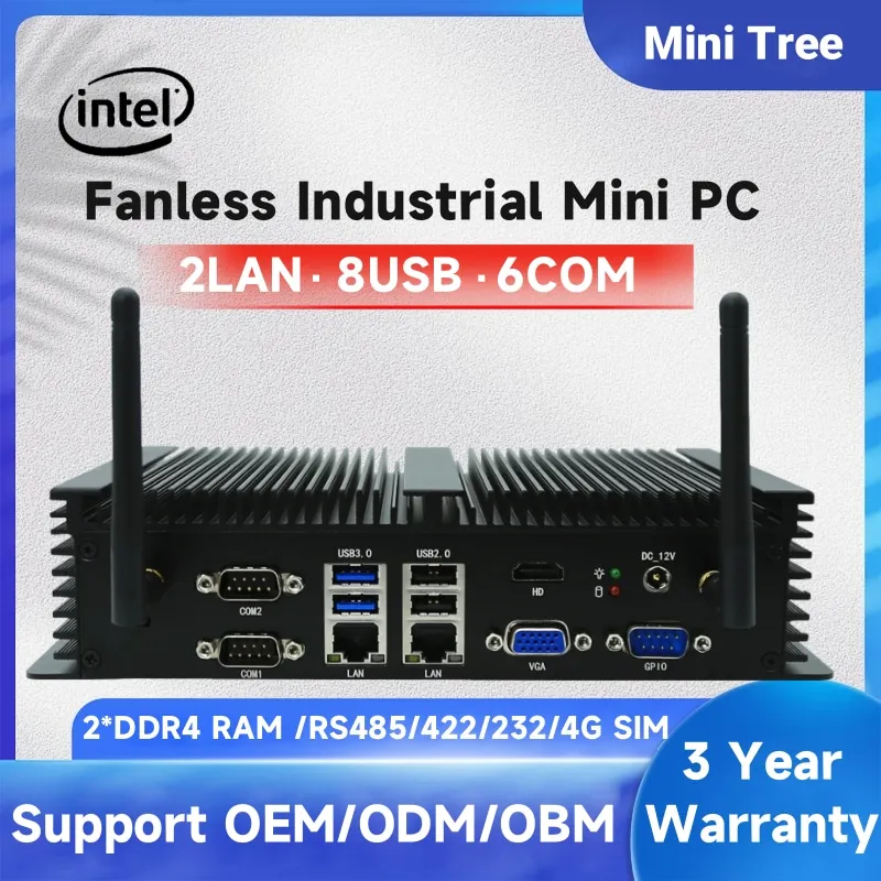 Embedded Fanless Industrial Mini PC Core i5 8250U 6200U 2.5G Lans Rugged Desktop RS232 Win10 Office Mini Computer Dual Display