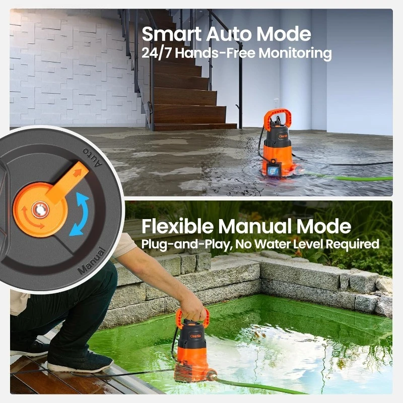 Submersible Sump Pump, Smart Water Sensor Auto On/Off, Manual/Auto Mode, 1/3HP 2790GPH Multi-Use Utility Water Pump