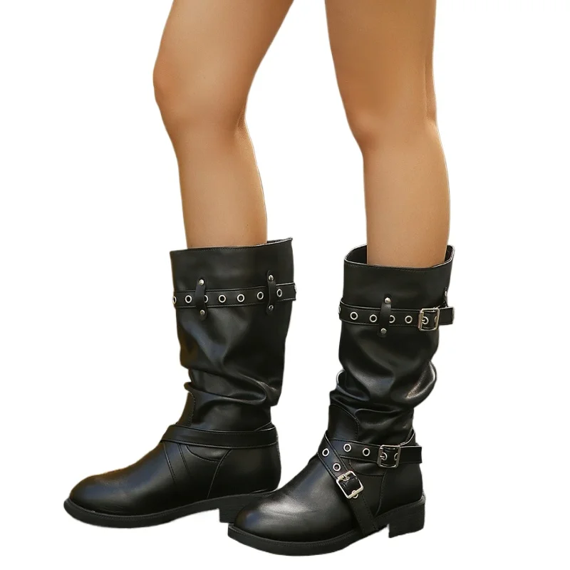 2026 New Autumn Winter Fashion Belt Buckle Ladies Elegant Slip on Mordern Mid Calf Booties Thick Heel Round Toe Women Pipe Boots