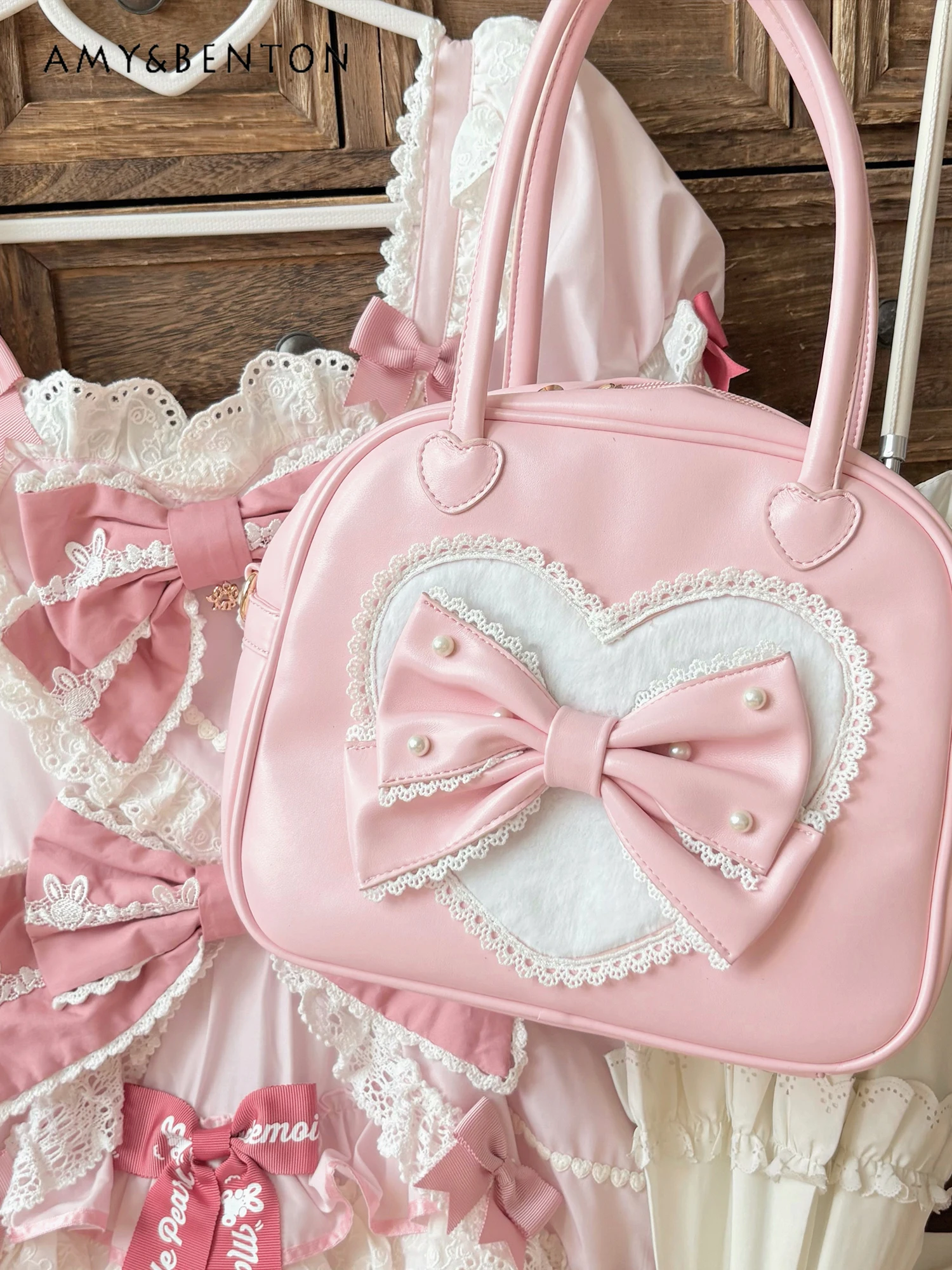 Lollita Handbag Women Original Design Cute Bow Lace Sweet Girl Patchwork Color Single Shoulder Bag Elegant Princess PU Handbag