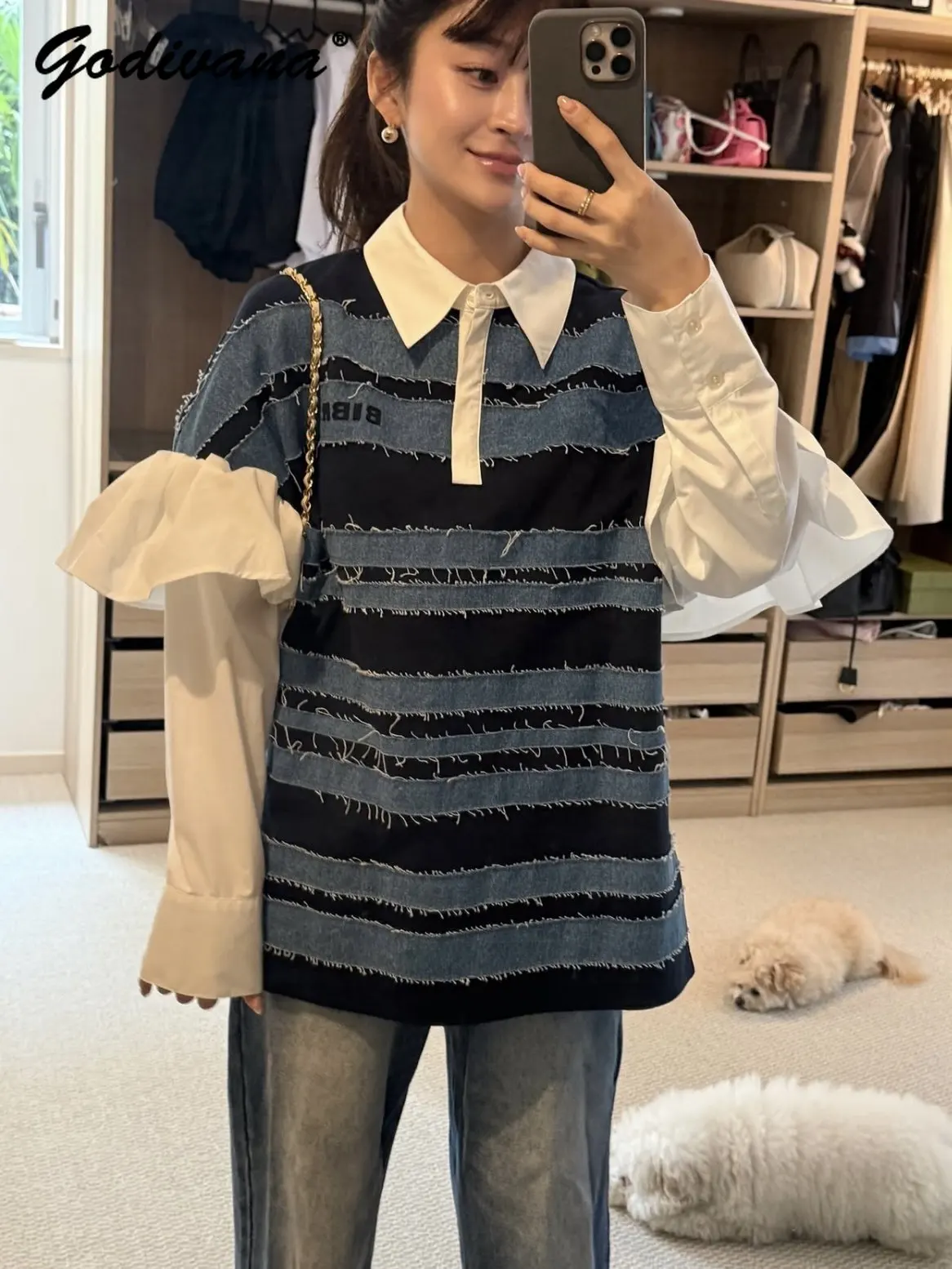 Japanese Style Women Autumn Striped Denim Spliced Long Sleeve Top Loose Fit Casual Lapel Ladies Loose Blouse Shirt