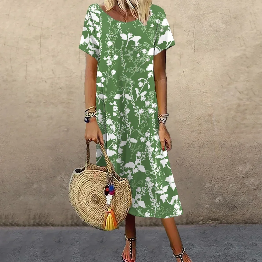 

Vintage Dresses For Women Floral Printing Midi Dress 2023 Summer Short Sleeve Oversize Beach Elegant Large Swing Female Clothing