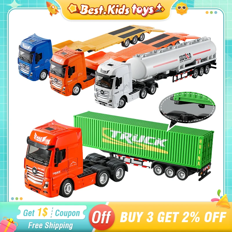 

1:50 Diecast Alloy Truck Dump Flat Trailer Fuel Tank Car Model Removable Engineering Transport Container Lorry Vehicle Toy