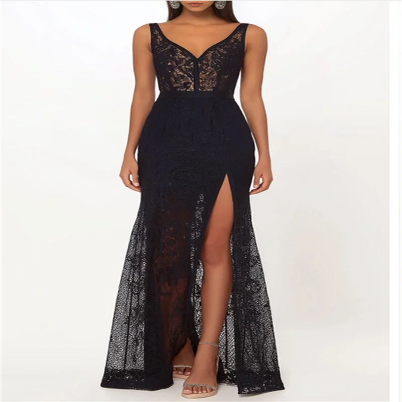 

Black Mermaid Charming Prom Dress Full Lace Formal Gown Sleevesless Evening Gown with Side Slit vestidos de noche Customized